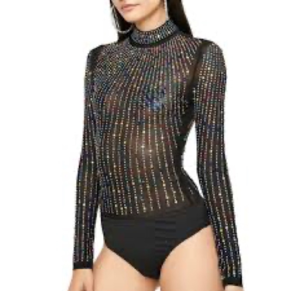 Hot Miami Styles Black Multicolor Rhinestone Bodysuit Size L NWOT